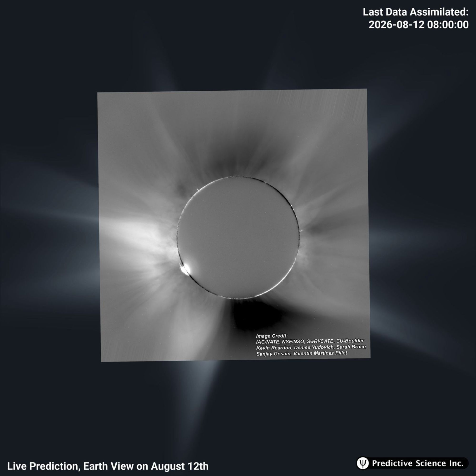 Imagen superpuesta del eclipse total de Sol captado por los telescopios NATE y la predicción / IAC