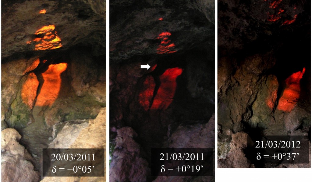 Comparación de la mancha de luz solar proyectada por una abertura situada en el extremo oeste de la cueva-santuario ibérica de la Lobera (Castellar, Jaén) en tres fechas diferentes con posiciones del disco solar también diferentes (parametrizadas por su declinación, δ) y segundos antes del ocaso. Alrededor de los equinoccios es el único momento del año en que la parte más interna de la cueva (una especie de hornacina de un metro de anchura) es iluminada por la luz solar. Podemos comprobar ligeras variaciones de la forma de la mancha de luz debido a pequeños desplazamientos de la posición del Sol, especialmente en la zona señalada con la flecha. La imagen de la izquierda es representativa del equinoccio astronómico y la de la derecha, del día mitad entre solsticios. Fotos: César Esteban y Francisco Gómez Cabeza.