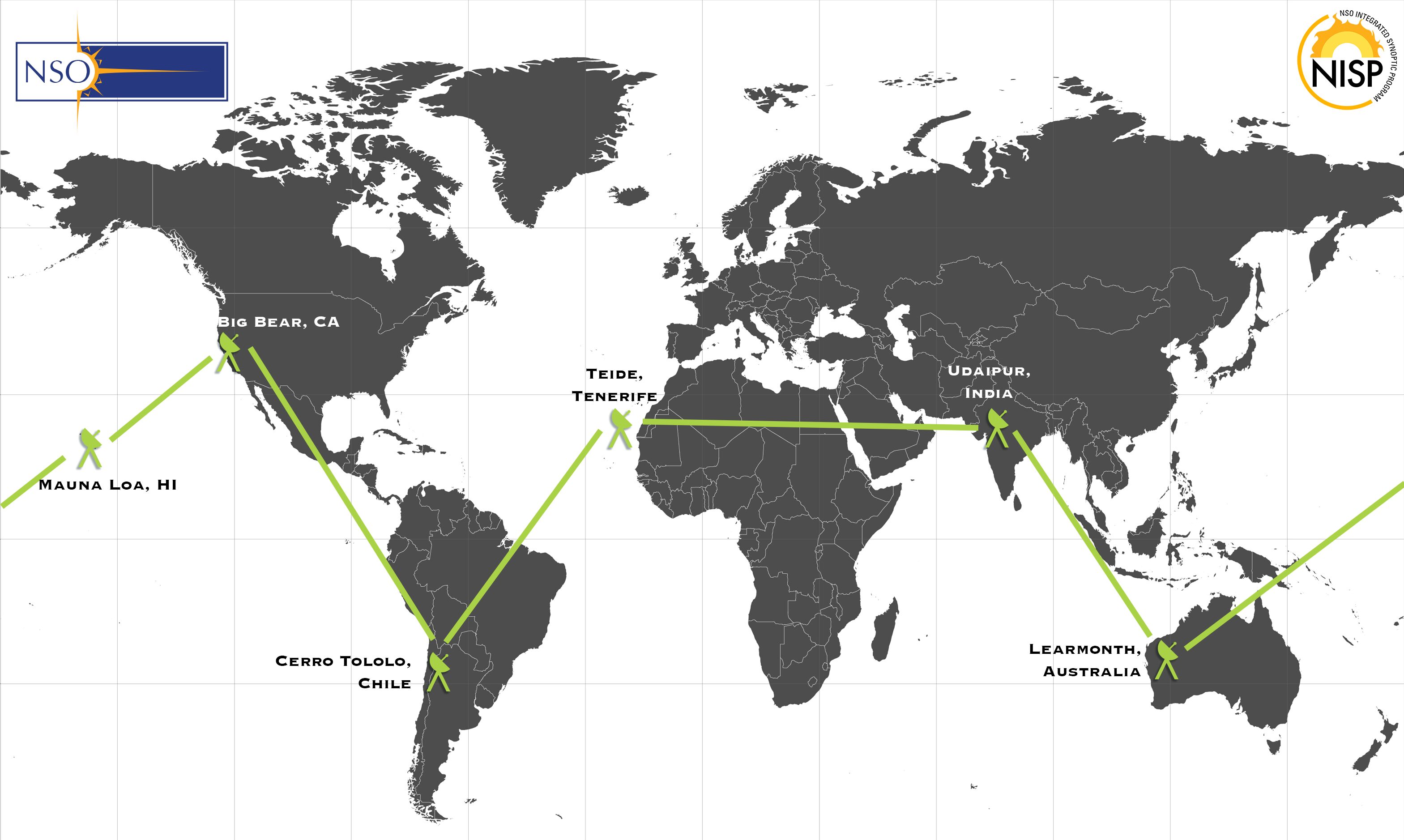 Esquema de las ubicaciones de los 6 nodos de la red GONG