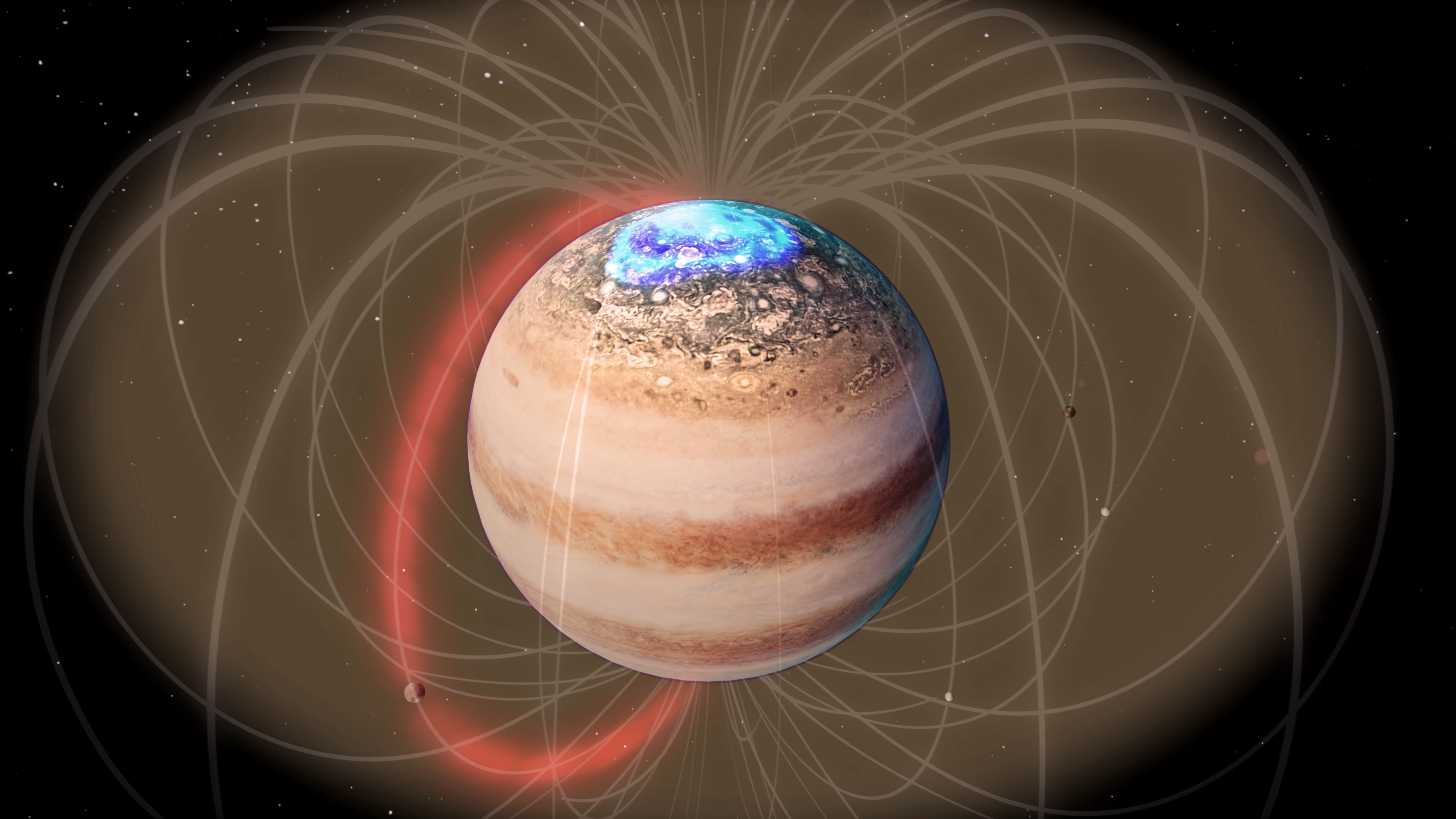 Representación artística del campo magnético de Júpiter y de la interacción planeta-satélite. 