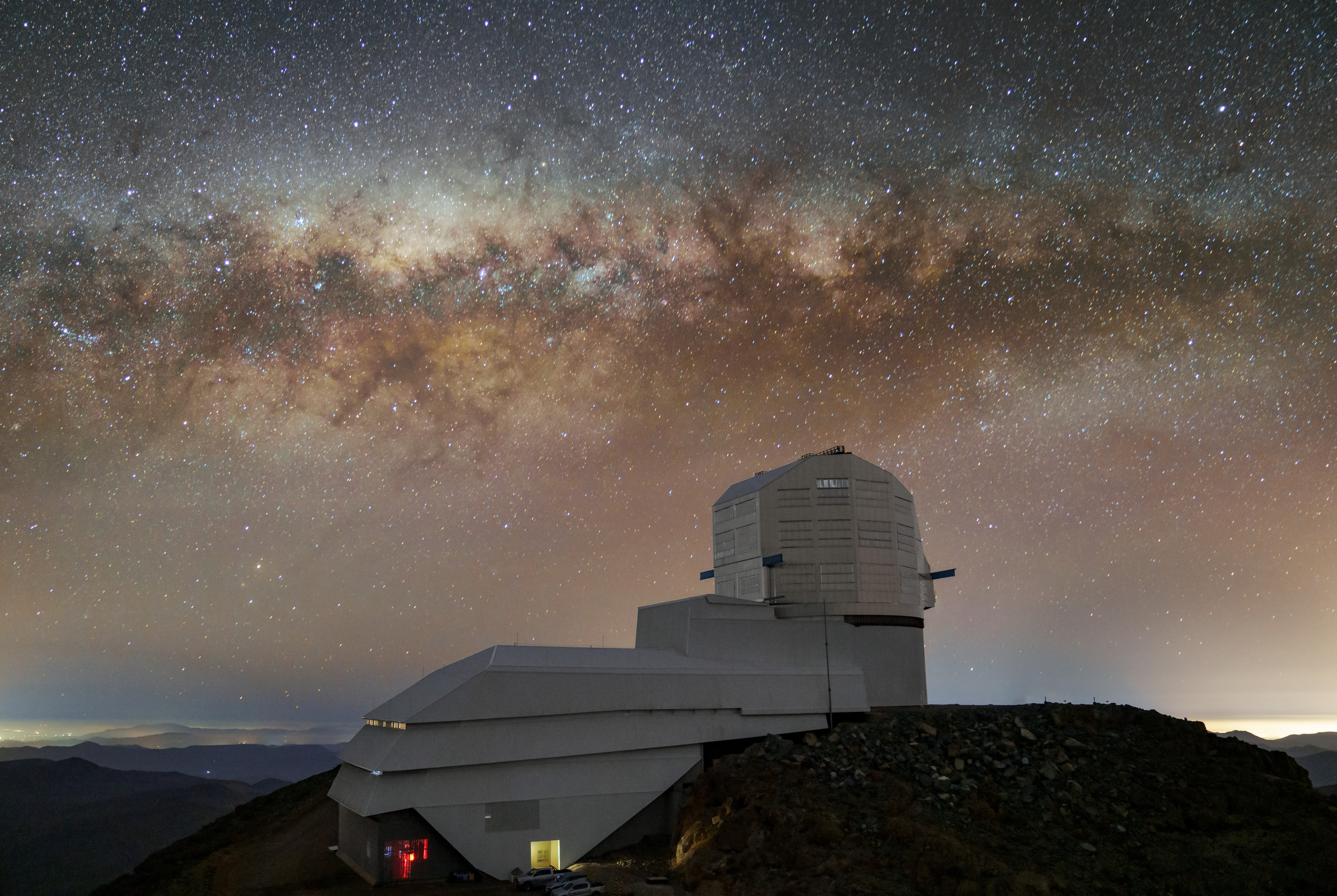 A view of NSF-DOE Vera C. Rubin Observatory beneath the Milky Way galaxy.