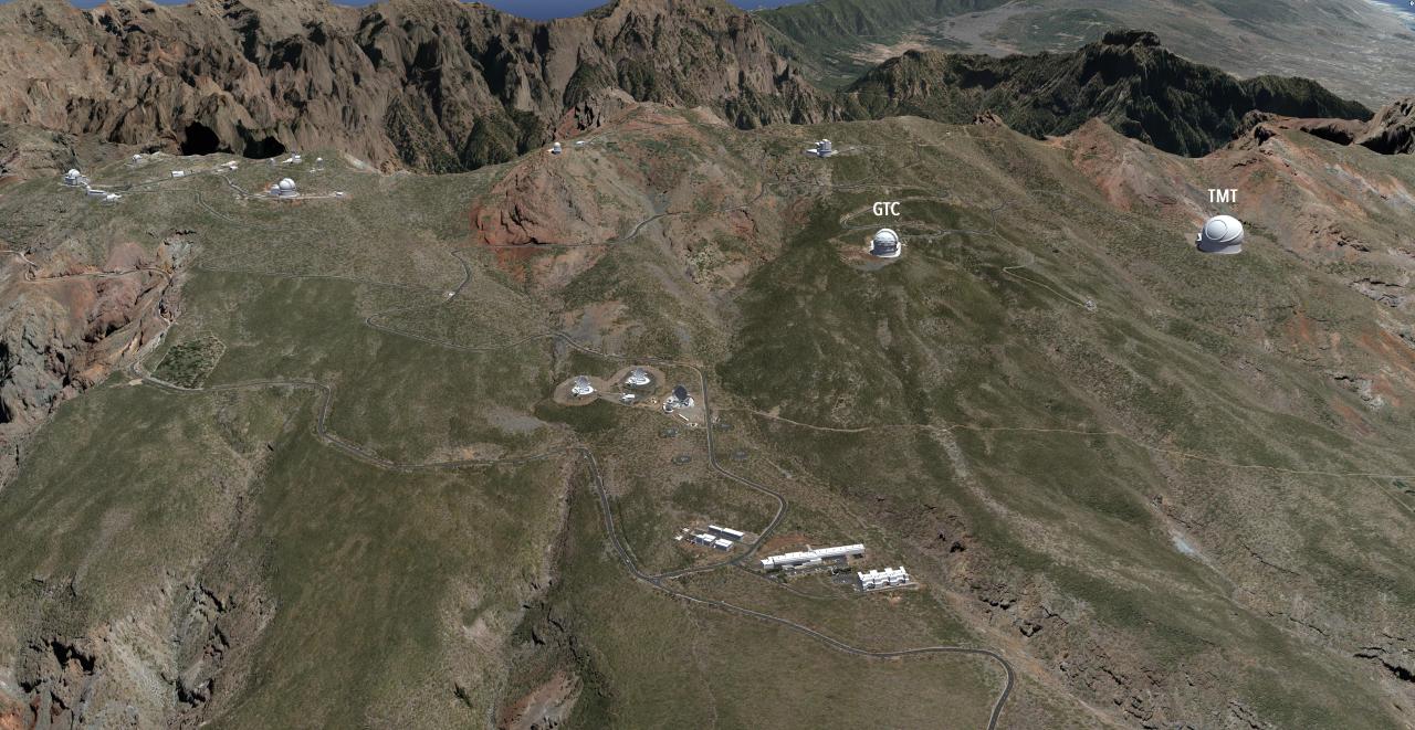 Aerial view of the Roque de los Muchachos Observatory on La Palma, Canary Islands. The location of the Gran Telescipio Canarias (GTC) and the site selected for the installation of the TMT is shown.
