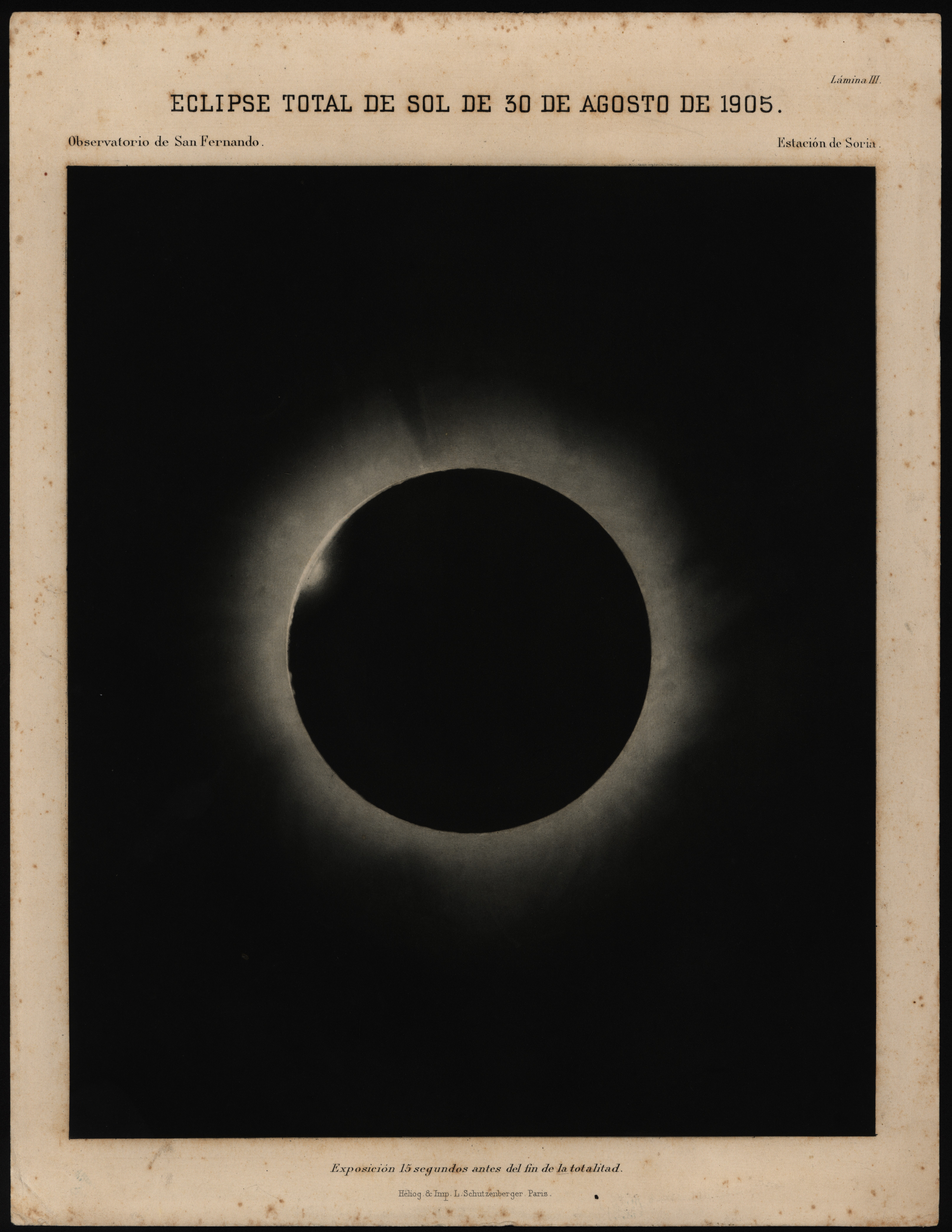 Imagen del momento de totalidad del eclipse de 1905 (Biblioteca Virtual de Defensa)