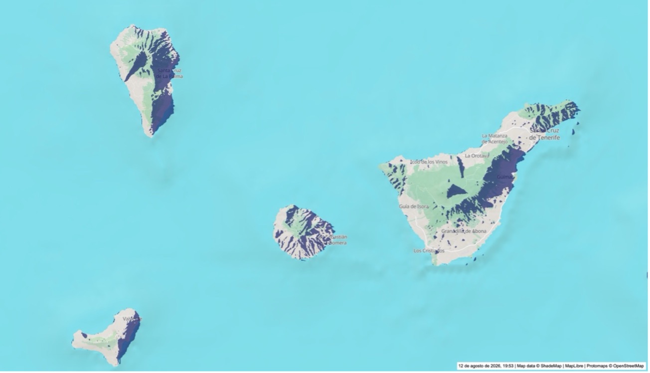 Sombras durante el momento del máximo. Las vertientes este de La Palma, El Hierro y zona este-central en Tenerife quedarán a la sombra.