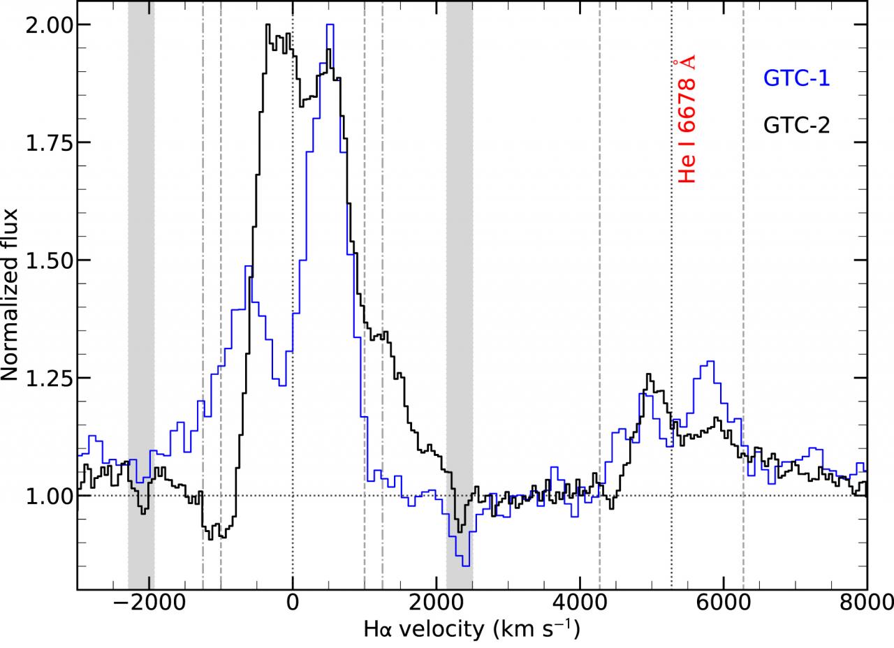 Normalized spectra of the GTC-1 (blue) and GTC-2 epochs (black), both centred at Hα. Telluric bands and diffuse interstellar bands, as well as reference velocities (1000 km/s and 1250 km/s) have been marked to highlight the blue-shifted absorption produced by the wind.