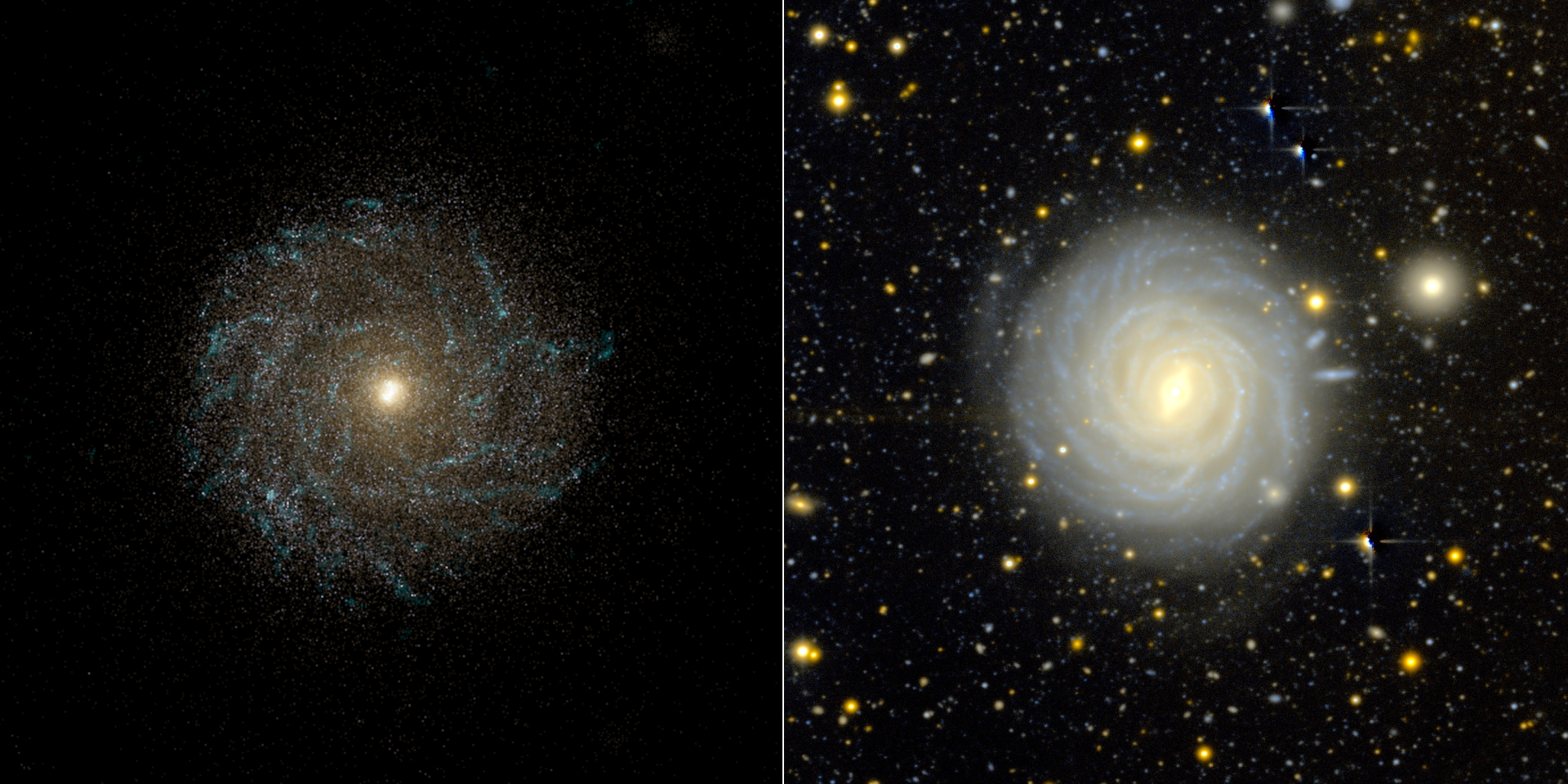 Comparison between an observed galaxy (right) and a simulated galaxy (left) 
