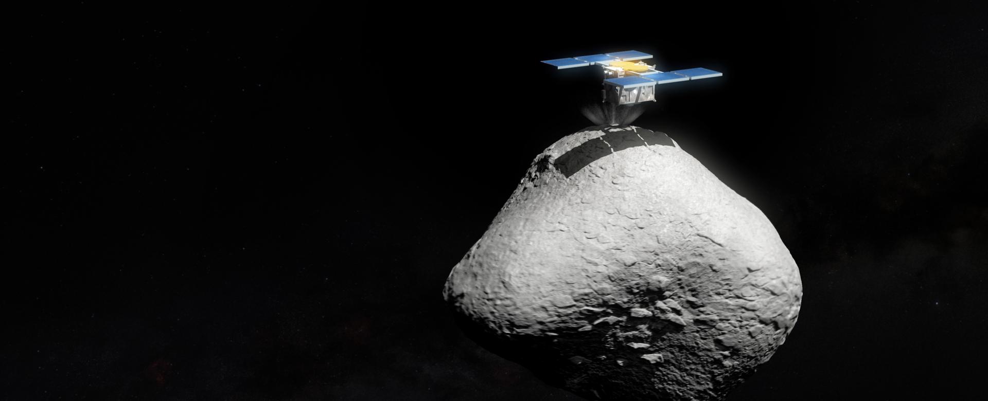 Representación artística de la misión espacial japonesa Hayabusa2 aterrizando en la superficie del asteroide 1998 KY26.