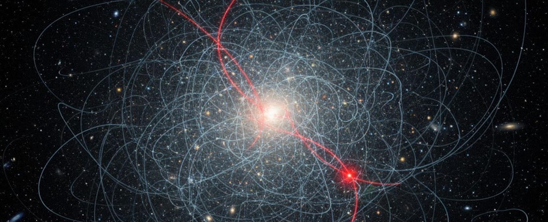Recreación de colisiones entre partículas de materia oscura. Una colisión por partícula cada 10.000 millones de años explica la distribución de materia oscura en las galaxias enanas ultradébiles.