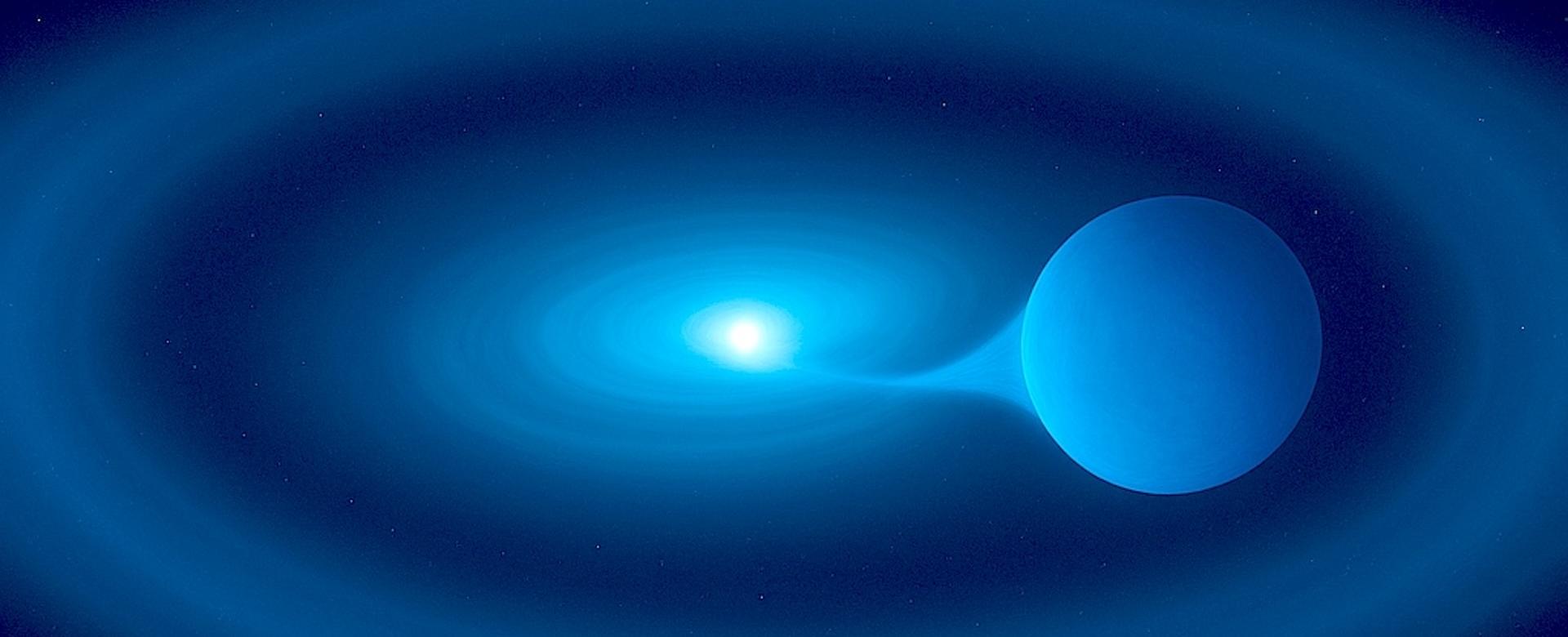 Artistic impression of the V Sagittae star system, where a superdense white dwarf extracts matter from its larger companion. Unable to assimilate all the transferred mass, a bright ring of gas forms around it. Artistic impression of the V Sagittae star system, where a superdense white dwarf extracts matter from its larger companion. Unable to assimilate all the transferred mass, a bright ring of gas forms around it.