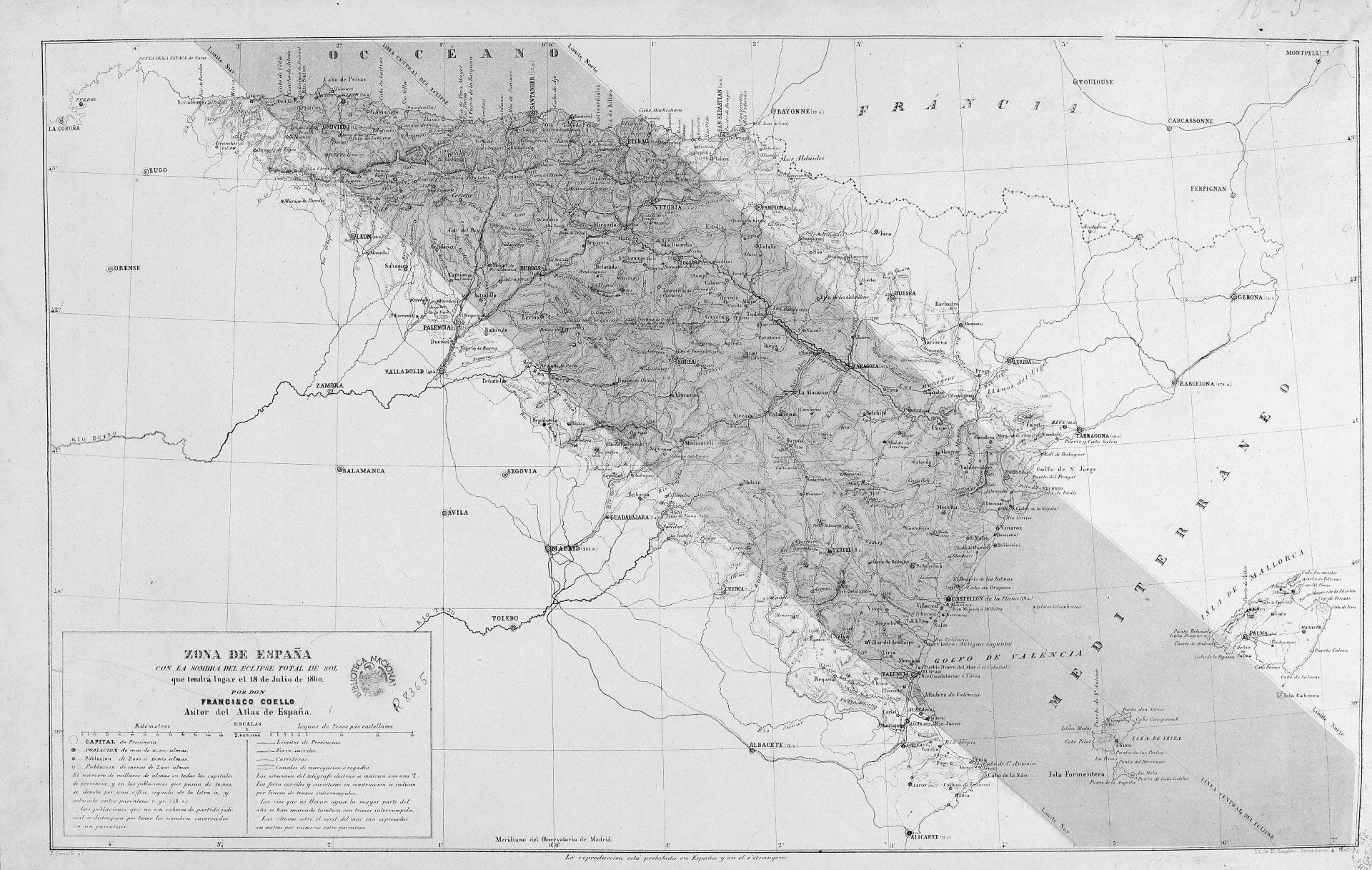 Official map of the path of totality for the 1860 total solar eclipse in Spain