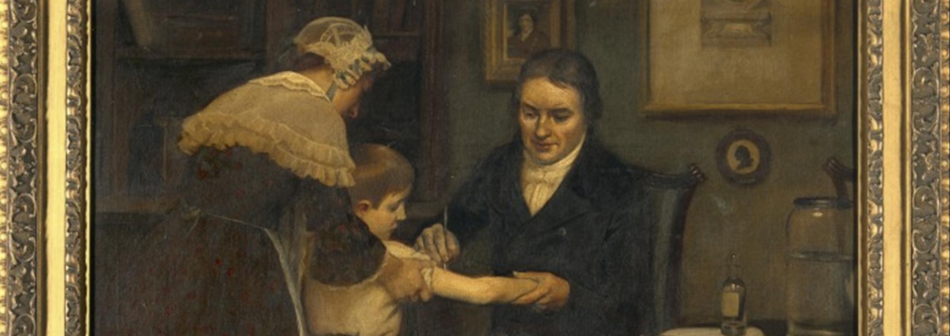 Cuadro que muestra a Edward Jenner, realizando su primera vacunación en James Phipps, un niño de 8 años, el 14 de mayo de 1796. Pintura de Ernest Board (1877-1934). 