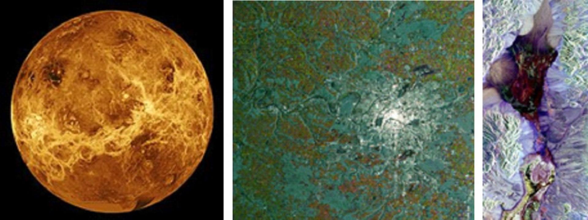 De izquierda a derecha, imágenes obtenidas con radares de apertura sintética (SAR) del planeta Venus, de la ciudad de París (área brillante), con el río Sena, y del Valle de la Muerte, en California, en falso color, con polarimetría. Créditos: NASA-JPL y ESA.
