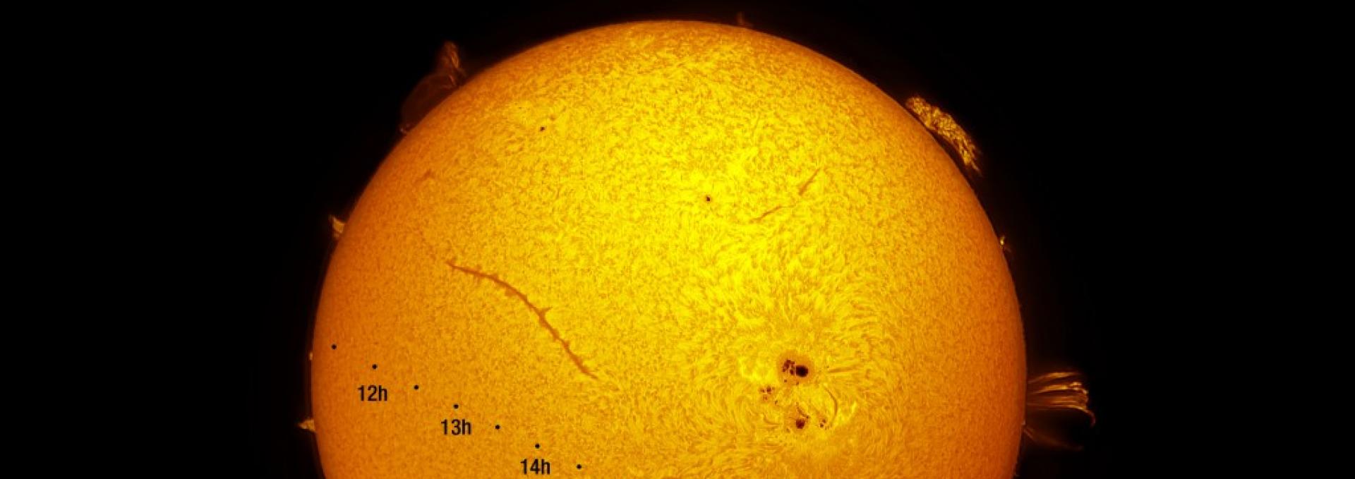 Representación artística del tránsito de Mercurio. La imagen muestra la dirección, de izquierda a derecha, que seguirá el planeta (representado a escala por el circulo negro) durante las siete horas y media que tarda en recorrer el disco solar. Las horas indicadas son en Tiempo Universal; se debe sumar una hora para Canarias y dos para el resto de España. Imagen del Sol en Halfa. Crédito: Daniel López/IAC.