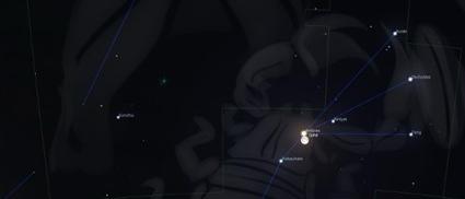 Región del cielo de la Constelación del Escorpión, una de las más fácilmente reconocibles. Durante la noche del 23 al 24 de mayo, desde Canarias, la Luna cruzará muy próxima a la estrella Antares, el corazón del escorpión. Imagen simulada para las 05:00 del viernes 24 de mayo con el programa Stellarium. 