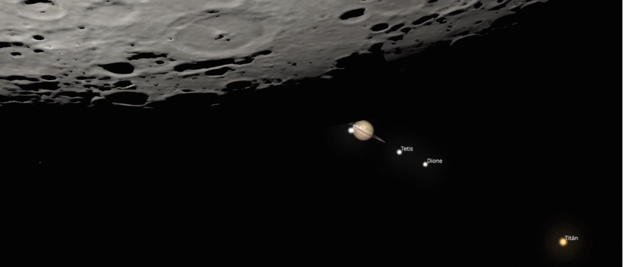 Simulación de la reaparición de Saturno tras ser ocultado por la Luna el  21 de agosto de 2024