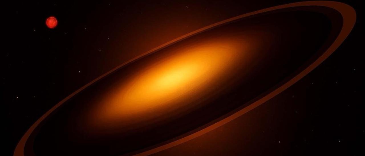 Eclipse provocado por un superjúpiter o enana marrón con anillos masivos 