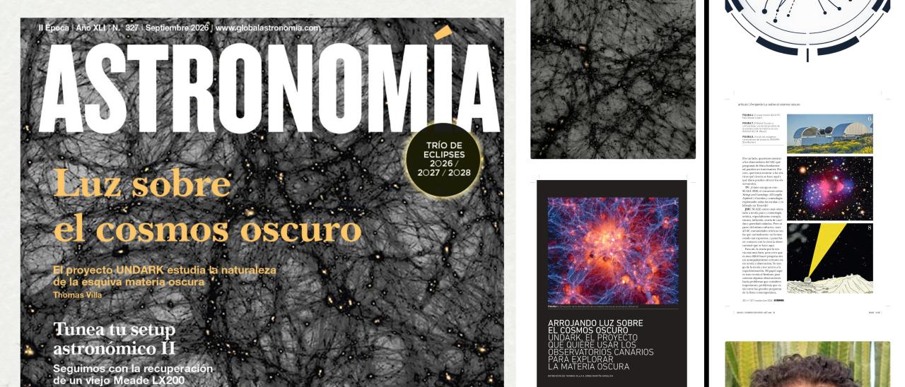 Collage showing the September 2026 cover of Astronomía magazine, pages from its UNDARK feature article, and science journalist Thomas Villa.