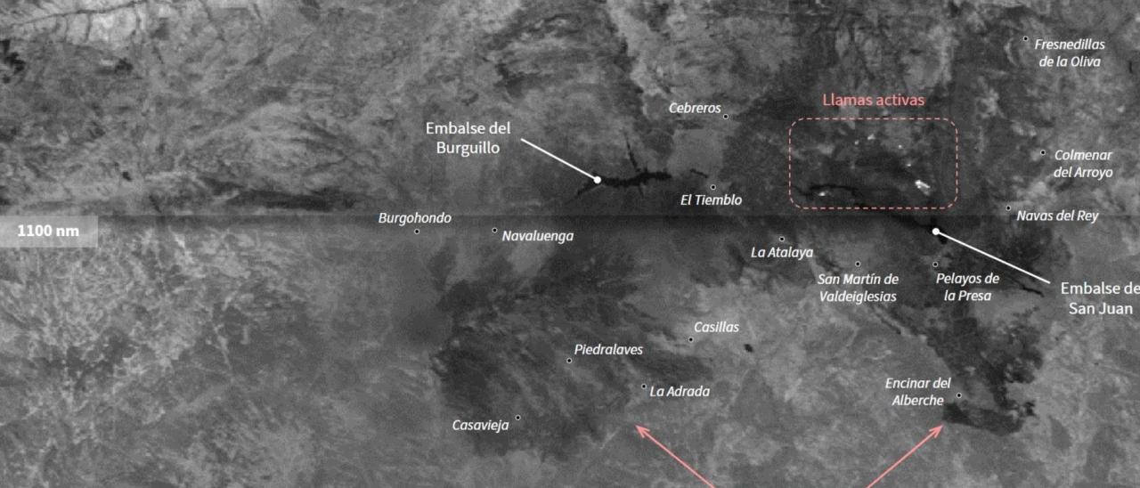 Grayscale DRAGO-2 image showing two SWIR bands of the Ávila and Madrid wildfires, with active flames appearing as bright points and burned areas in darker tones.