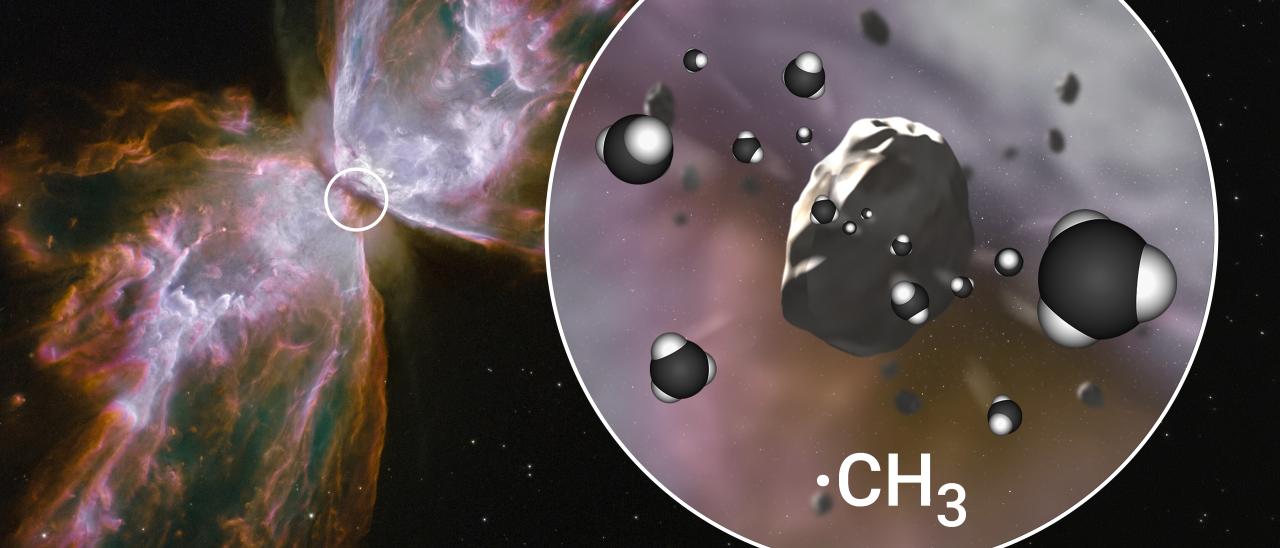 Artist's impression of the erosion of hydrogenated amorphous carbon grains in the dusty torus of a young carbon-rich planetary nebula, releasing methyl radicals (CH3) into the gas phase