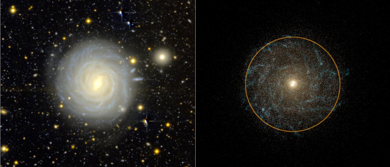 Comparison between an observed galaxy (right) and a simulated galaxy (left) showing similarities in mass and size.