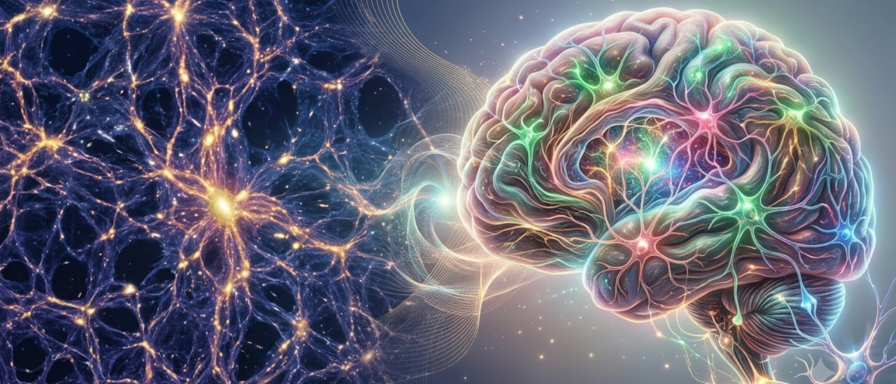 Esta imagen ilustra la sorprendente similitud estructural entre la red cósmica del universo (filamentos de galaxias) y la red neuronal del cerebro humano, sugiriendo una organización universal de sistemas complejos a diferentes escalas
