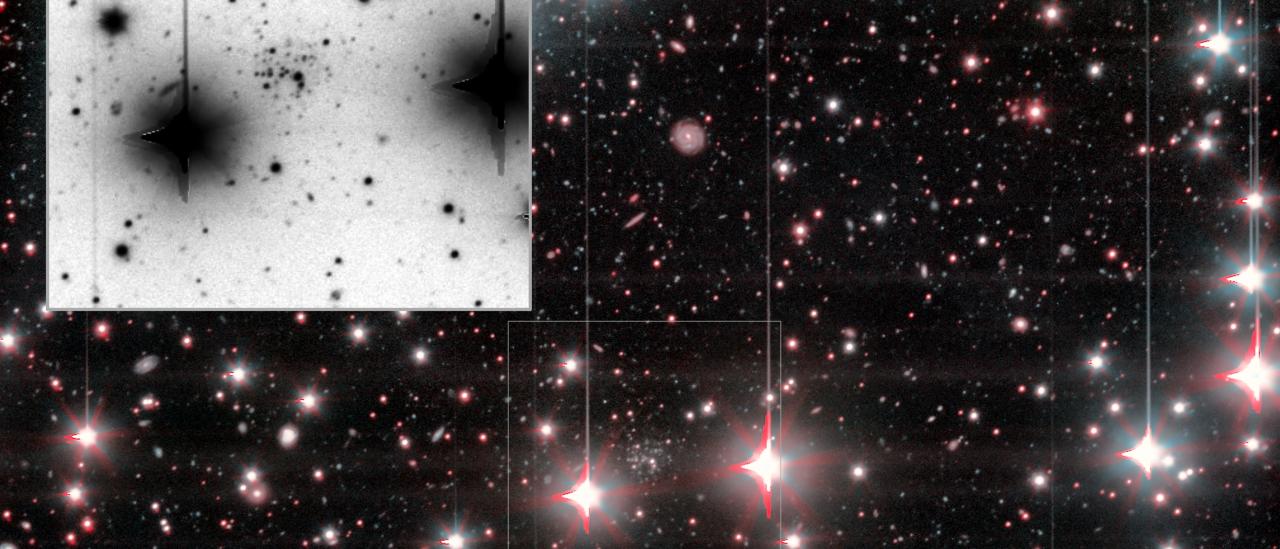 Stacked GTC OSIRIS+ image of And XXXVI. And XXVI is clearly evident in-between two bright foreground stars. In the inset we show a negative colour zoom-in on And XXVI. 
