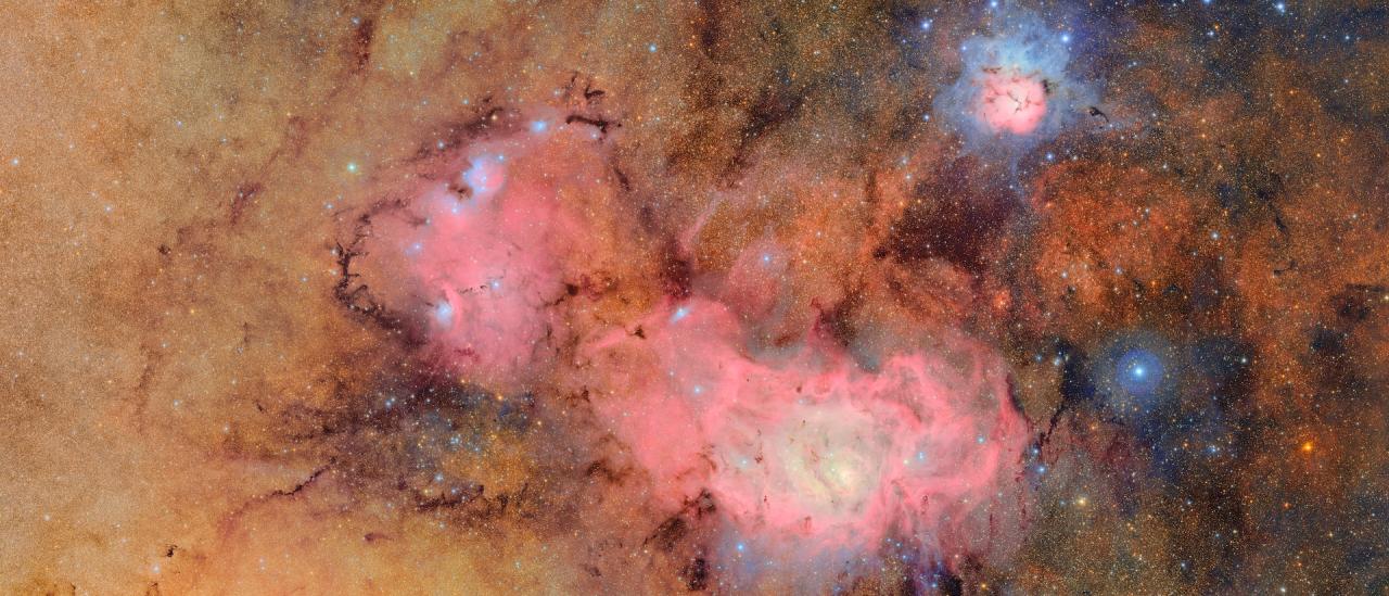 Vera C. Rubin Observatory's first light images of the Trifid and Lagoon nebulas. This image combines 678 separate images taken by NSF-DOE Vera C. Rubin Observatory in just over seven hours of observing time