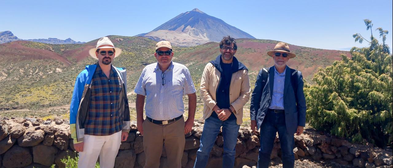 Miembros del comité internacional que evaluó el Preliminary Design Review (PDR) del experimento DALI durante su visita a un posible emplazamiento del futuro detector a gran escala en el Observatorio del Teide.  De izquierda a derecha: Gray Rybka (University of Washington), Michael Tobar (University of Western Australia), Claudio Gatti (INFN Frascati) y Yannis Semertzidis (Brookhaven National Laboratory).