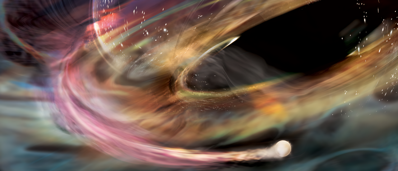 In this artist’s rendering, a stream of matter trails a white dwarf (sphere at lower right) orbiting within the innermost accretion disk surrounding 1ES 1927’s supermassive black hole. Credit: NASA/Aurore Simonnet, Sonoma State University 