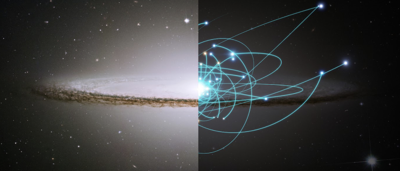 Ilustración artística que combina una imagen real de una galaxia con la representación de las órbitas estelares en su interior, para mostrar cómo el estudio de los movimientos de las estrellas permite reconstruir la historia de las galaxias