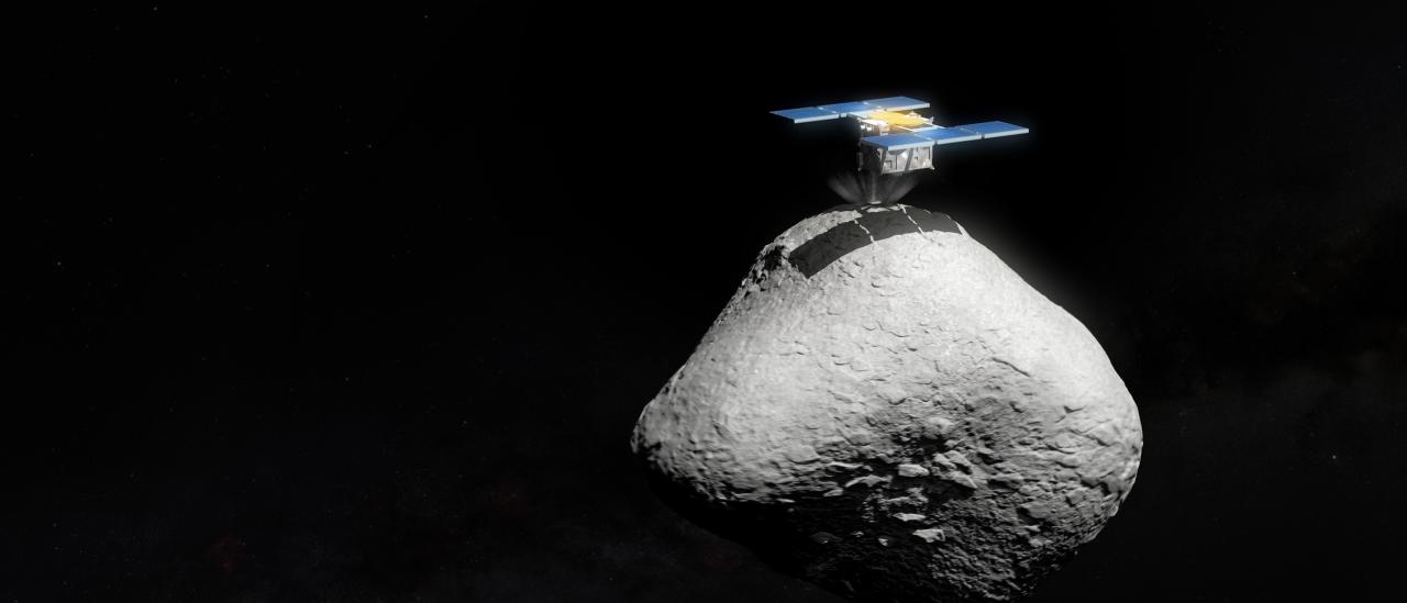 Representación artística de la misión espacial japonesa Hayabusa2 aterrizando en la superficie del asteroide 1998 KY26.