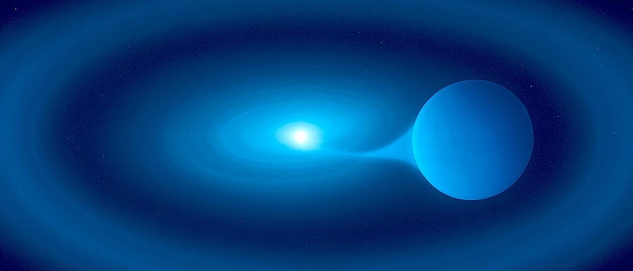 Artistic impression of the V Sagittae star system, where a superdense white dwarf extracts matter from its larger companion. Unable to assimilate all the transferred mass, a bright ring of gas forms around it.