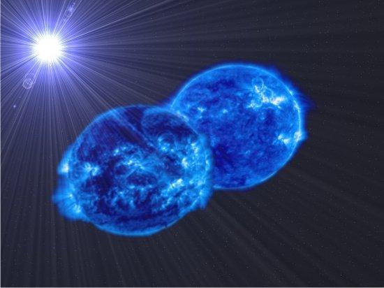 Artistic representation of the MY Cam system. The proportions of the components show the results of the analysis. The stars are pulled out of shape by their very rapid rotation, and by the gravitational pull of their companions. Credits: Javier Lorenzo (U