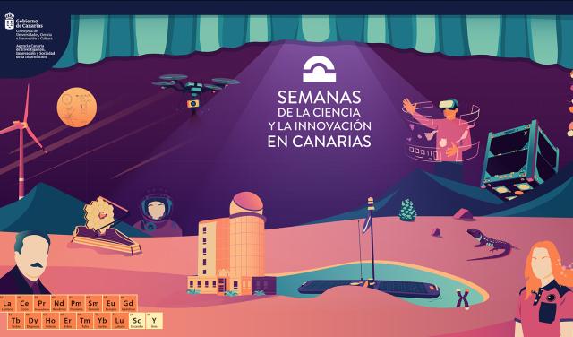 Cartel que muestra diferentes objetos de tecnología moderna, como satélites y drones sobre un paisaje volcánico