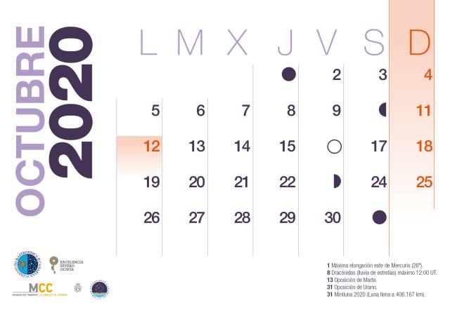 Calendario 2020 Octubre