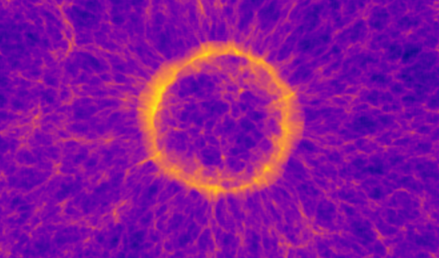 Artist’s impression of the accoustic oscillations of normal (“baryonic”) matter, taken from one of thousands of simulations used in the study/ Francisco-Shu Kitaura & Francesco Sinigaglia