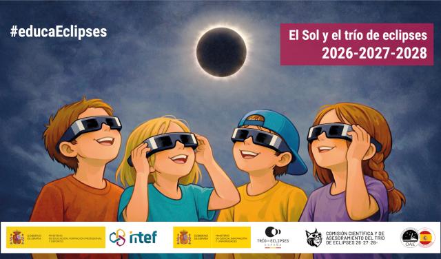 Cartel de la formación abierta y gratuita "El Sol y el trío de eclipses 2026-2027-2028", que se desarrollará del 5 mayo al 12 junio de 2026. 