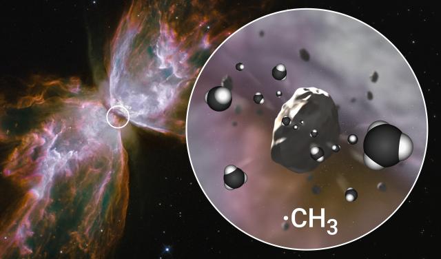 Artist's impression of the erosion of hydrogenated amorphous carbon grains in the dusty torus of a young carbon-rich planetary nebula, releasing methyl radicals (CH3) into the gas phase