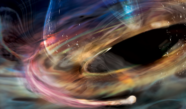 In this artist’s rendering, a stream of matter trails a white dwarf (sphere at lower right) orbiting within the innermost accretion disk surrounding 1ES 1927’s supermassive black hole. Credit: NASA/Aurore Simonnet, Sonoma State University 