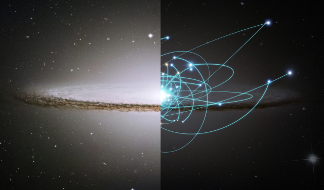 Ilustración artística que combina una imagen real de una galaxia con la representación de las órbitas estelares en su interior, para mostrar cómo el estudio de los movimientos de las estrellas permite reconstruir la historia de las galaxias