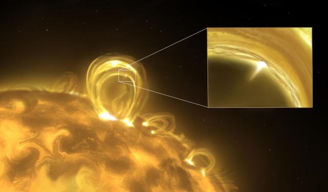 An artistic impression of a nanojet ejection triggered by the interaction of two magnetic flux ropes within a coronal loop in the Sun’s atmosphere. 