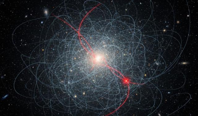 Artistic impression of collisions between dark matter particles. One collision per particle every 10 billion years explains the distribution of dark matter in ultra-faint dwarf galaxies.