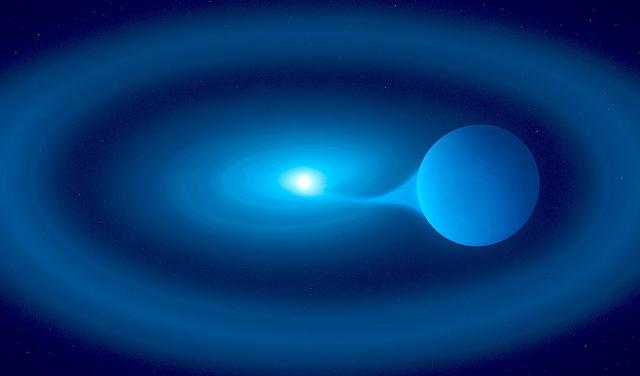 Artistic impression of the V Sagittae star system, where a superdense white dwarf extracts matter from its larger companion. Unable to assimilate all the transferred mass, a bright ring of gas forms around it.