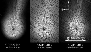 Figura 1.- Formación de chorros (o jets) en el interior de la coma del cometa Lovejoy. Las distintas imágenes son una combinación de una imagen directa (telescopio ASA12N-DDM85, cámara FLI PL 16803 -4k- y sin filtro, Observatorio del Teide, IAC) y una imagen tratada con un filtro Laplaciano para resaltar e identificar los chorros nucleares. Figura 1.- Formación de chorros (o jets) en el interior de la coma del cometa Lovejoy. Las distintas imágenes son una combinación de una imagen directa (telescopio ASA12N-DDM85, cámara FLI PL 16803 -4k- y sin filtro, Observatorio del Teide, IAC) y una imagen tratada con un filtro Laplaciano para resaltar e identificar los chorros nucleares.
