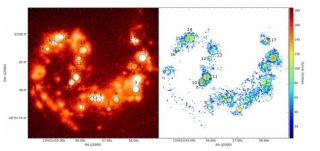 Left panel: map of the surface brightness of "the Antennae" in emission from ionized hydrogen. The brightest zones are the zones occupied by clusters of massive stars. Right panel: map of the expansion velocity of the bubbles detected in the Antennae, pus Left panel: map of the surface brightness of "the Antennae" in emission from ionized hydrogen. The brightest zones are the zones occupied by clusters of massive stars. Right panel: map of the expansion velocity of the bubbles detected in the Antennae, pus