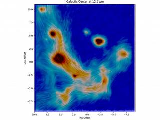 The colour scale in the image shows the amount of infrared (heat) radiation coming from warm dust particles in the filaments and luminous stars within a light year of the Galactic centre. The observations were made with the largest telescope in Europe, wh