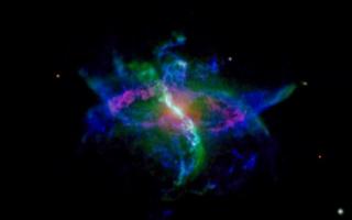 Image of the R Aquarii nebula taken with the Nordic Optical Telescope (NOT) at the Observatory of Roque de los Muchachos (ORM) in La Palma. Colours indicate different ionization stages of the same chemical element, oxygen. Credit: R. Corradi - Daniel Lópe