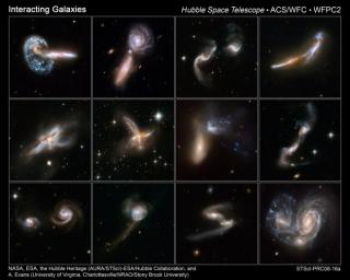 Several examples of massive galaxies merging. Credits: NASA, ESA, the Hubble Heritage and Collaboration, and A. Evans.