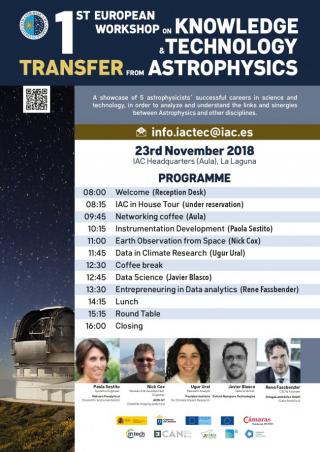 Cartel del "Primer taller europeo sobre transferencia de conocimientos y tecnologías generadas por la Astrofísica". 12014