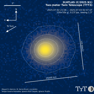 Combined image of interstellar comet 3I/ATLAS formed by 239 exposures of 50 seconds taken with the Two-metre Twin Telescope (TTT3) at the Teide Observatory. 